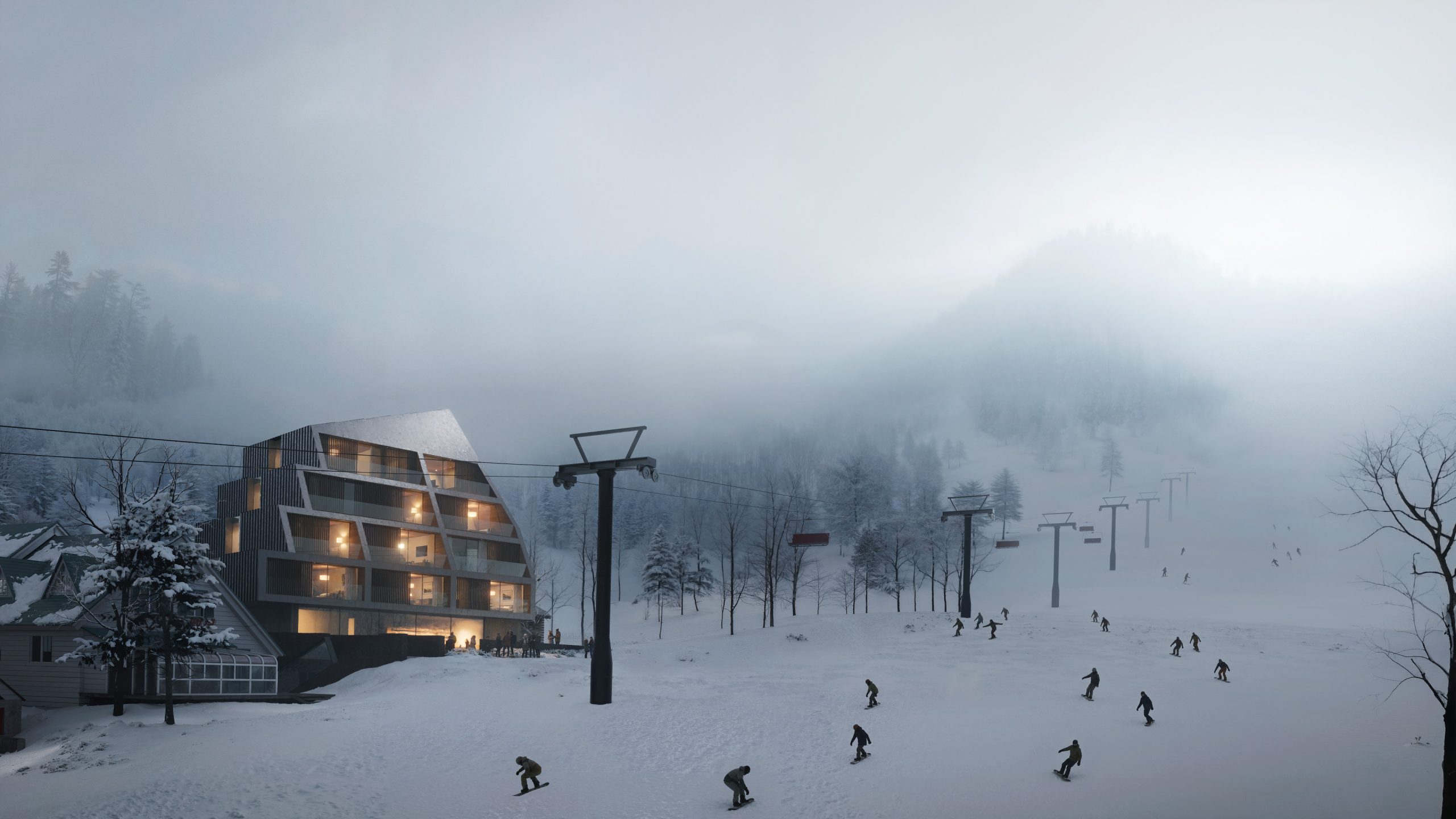 Stepped ski resort façade opening toward the slope as skiers descend nearby through fog and snowfall.