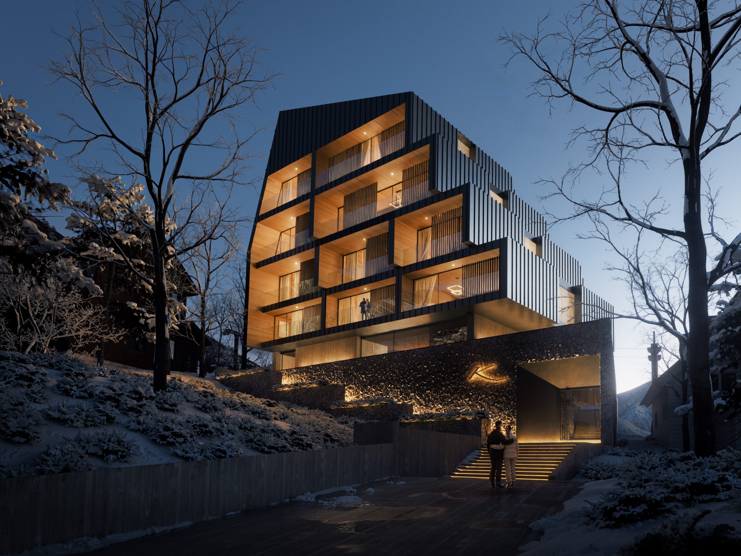 Main entrance of a stepped alpine resort with illuminated interiors and concrete base set into a snowy hillside.