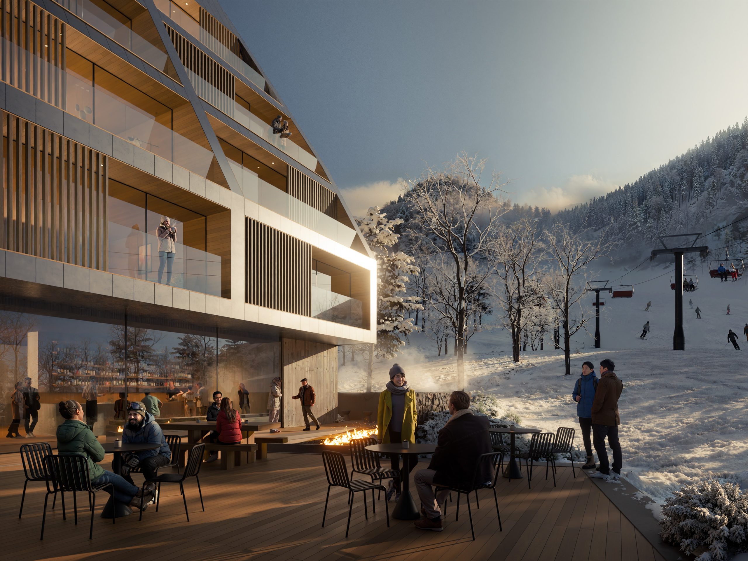 Guests gathered on an outdoor terrace with fire features, overlooking a ski slope and chairlift.