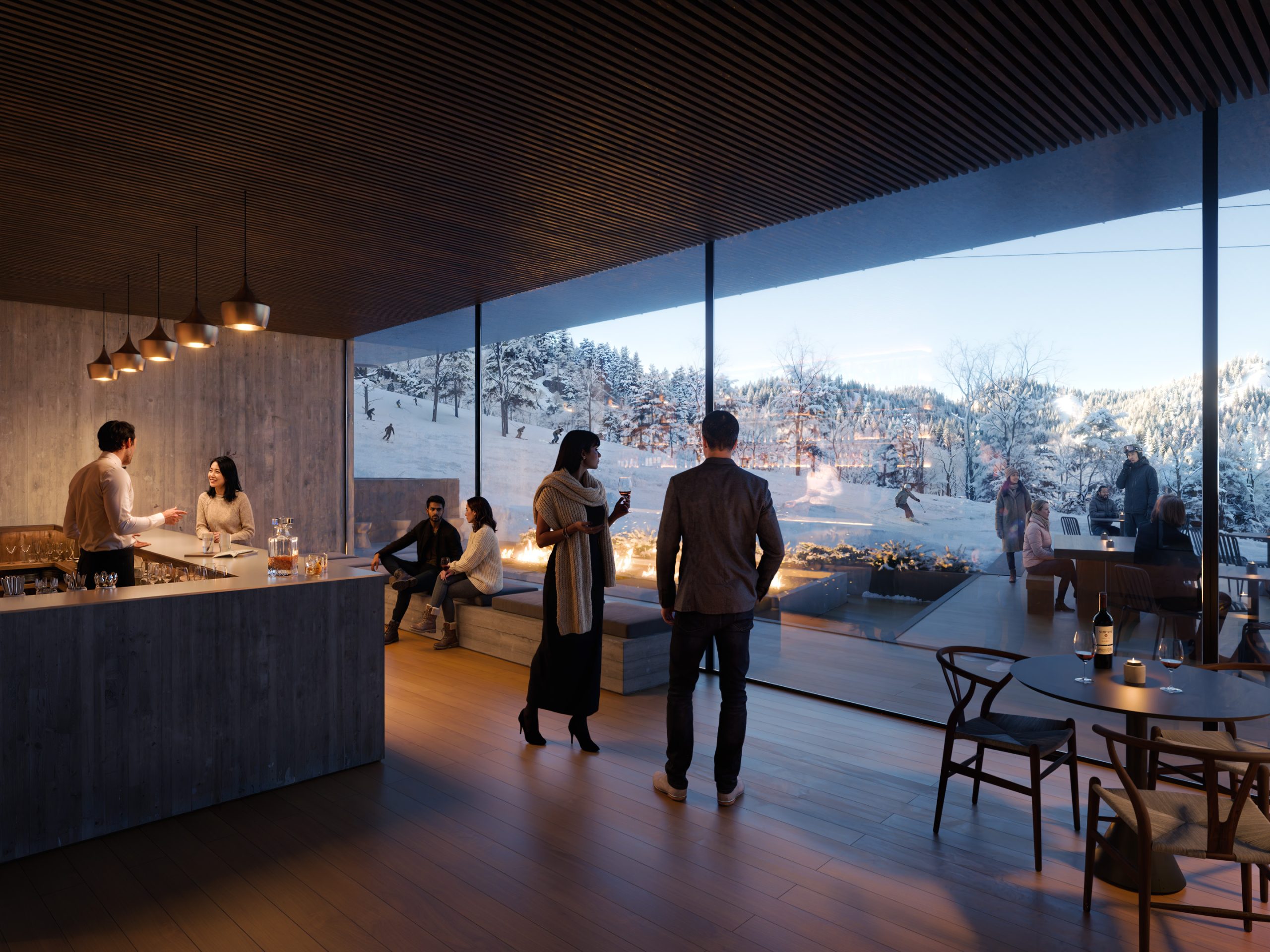 Interior bar and lounge with warm wood finishes, large windows, and views toward the snowy ski slope.