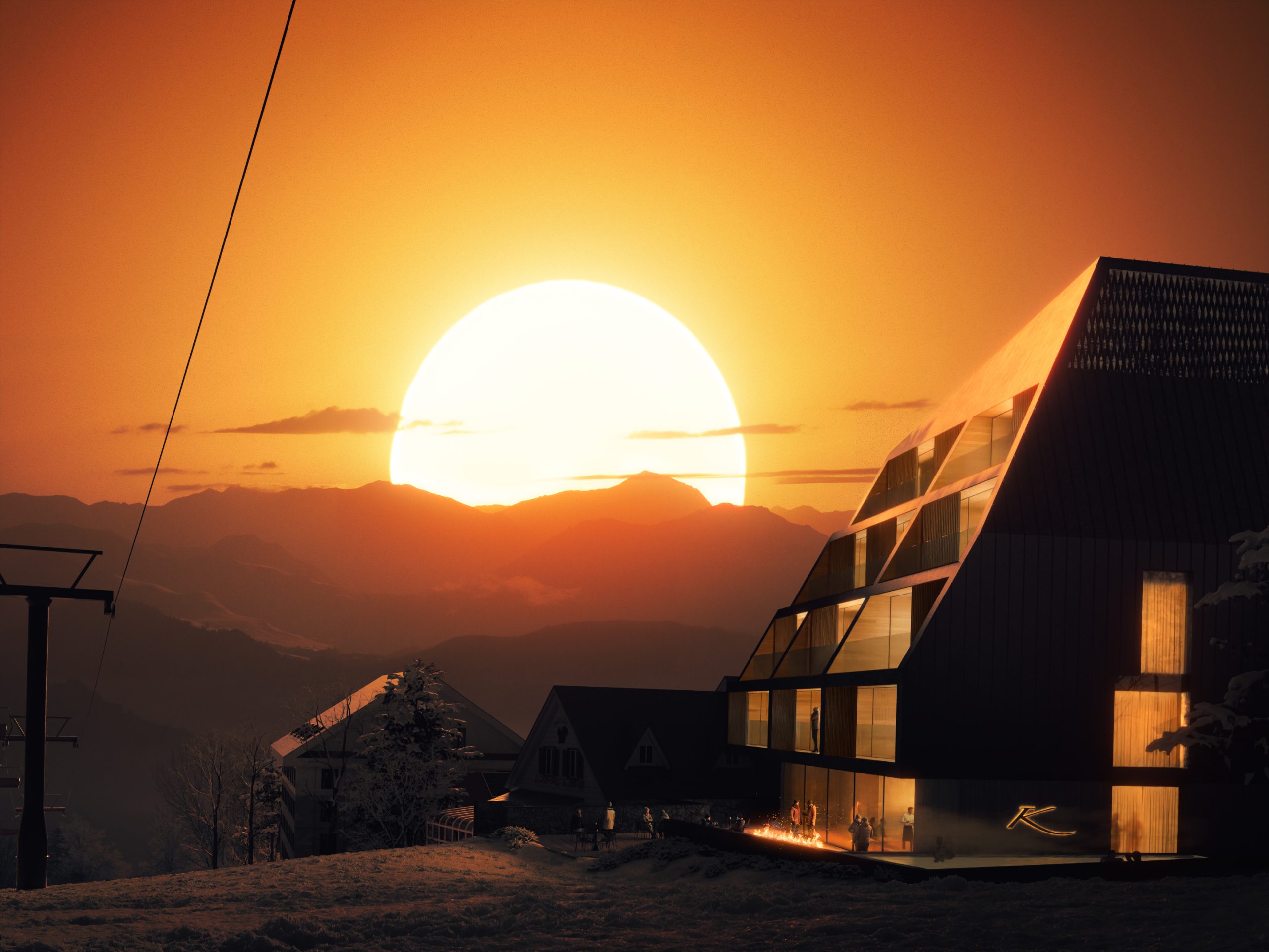 Stepped alpine resort at sunrise with warm interior lighting, set against the Hakuba mountain range and ski slope infrastructure.